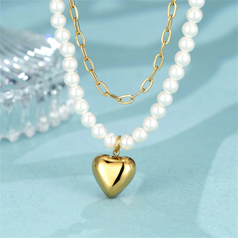 Ladies Pearl Rope Chain Double layer Necklace Love Necklace Pearl Necklace Steel Necklace Jewelry Anniversary Gift 241205