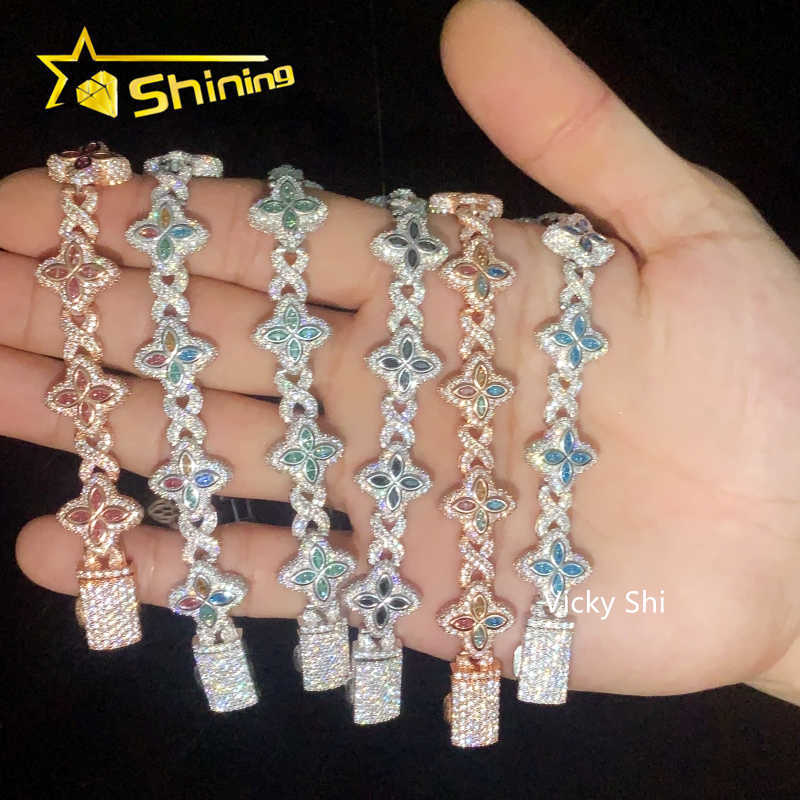 Hot Selling 15MM 925 Sterling Silver Cuban Clover Bracelets Iced Out Hip Hop Infinity Colored Moissanite Cuban Bracelet