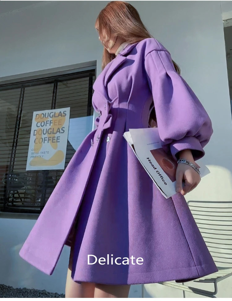 Dabuwawa elegant ultra-thin waist slimming lantern sleeve swing wool coat womens autumn and winter high-end purple cashmere coat 241205