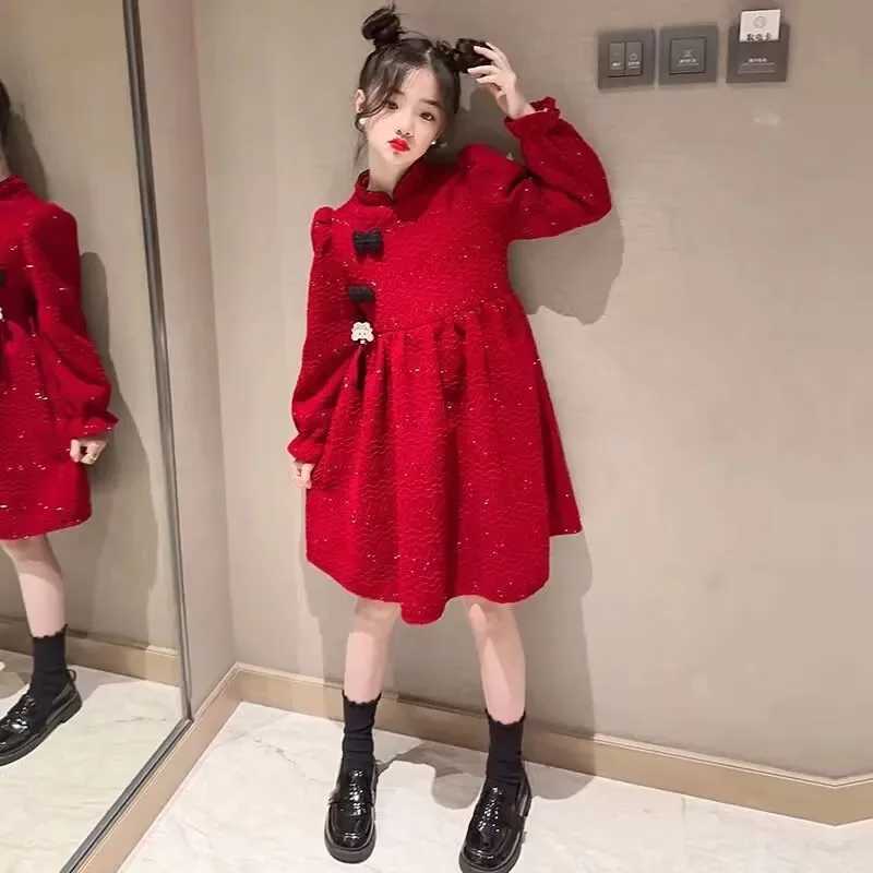 2024 autumn winter Kids Girls solid retro red Cheongsam Qipao Princess Teens New Year Dresses wool velvet Clothes 8 10 12 yearXJ241206