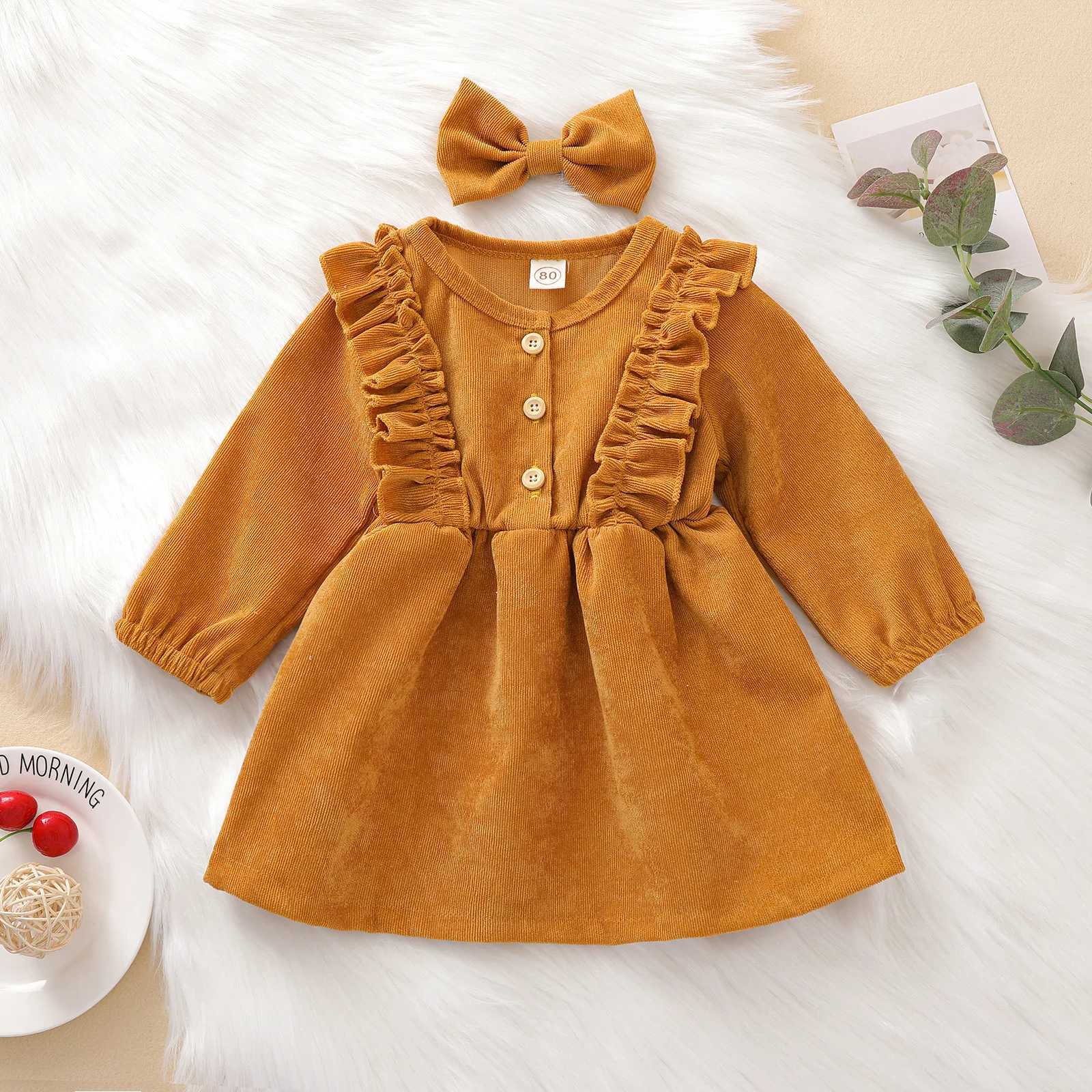 0-5Y Kids Girls Casual Corduroy Dress Baby Fall Winter Clothing Long Sleeve Ruffle A-line Princess Dress Headband OutfitsXJ241206