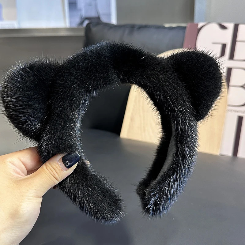 Cute real mink cat ear womens headband with 100% fur plush hair accessories solid headband girlfriend winter gift 241205