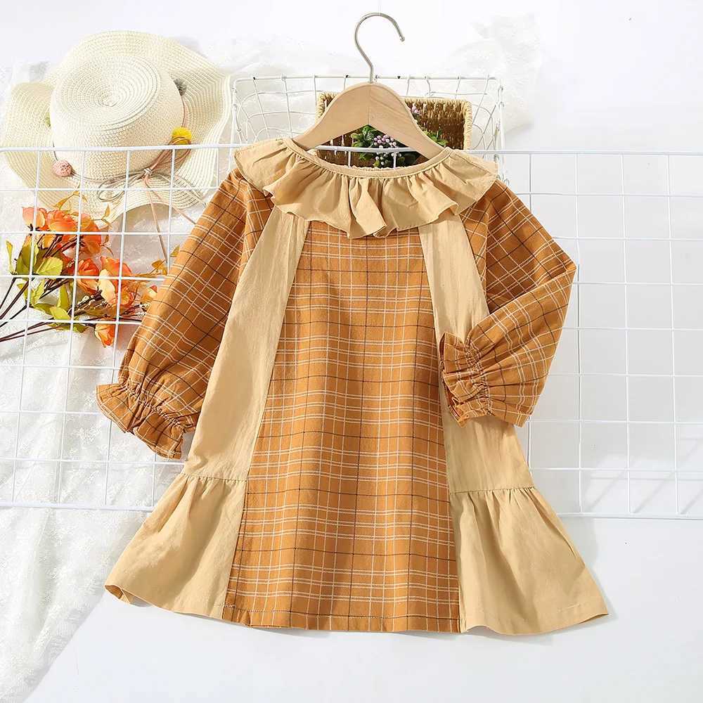 Girls Dress Spring and Autumn Childrens Fashion Ruffle Edge Round Neck Plaid Long sleeved Girls Dress TrendXJ241206