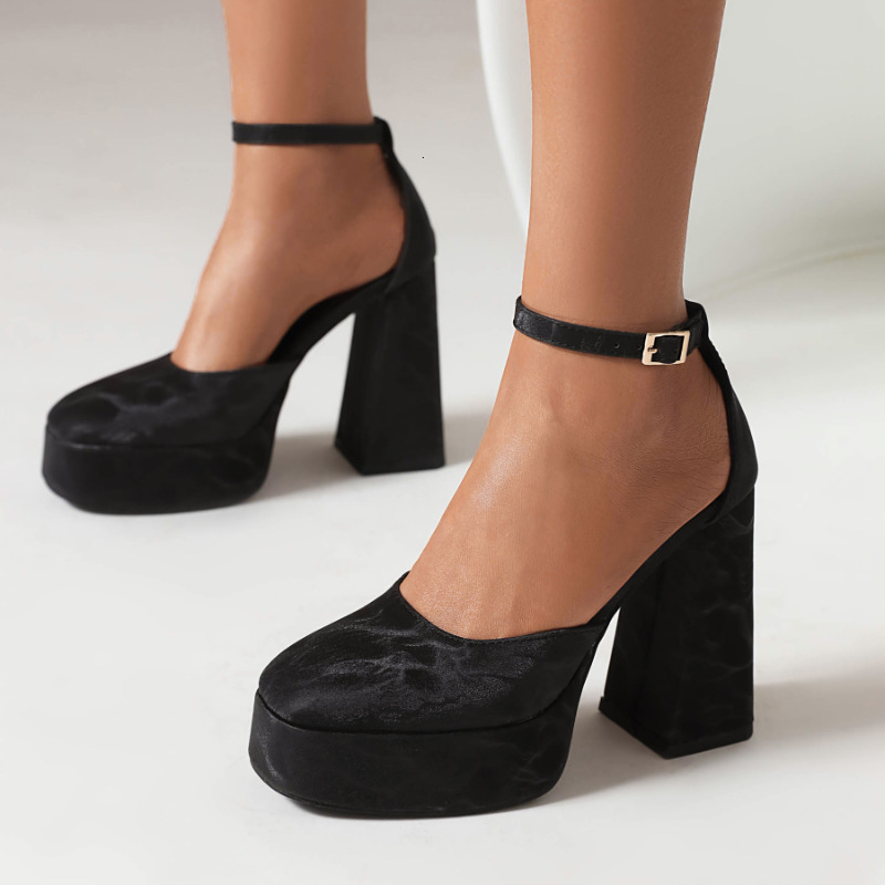 Summer Sliver Pink Retro Block 12Cm High-Heeled Ladies Buckle Strap Platform Sandals Orange Black Cover Heels Women Shoes Party