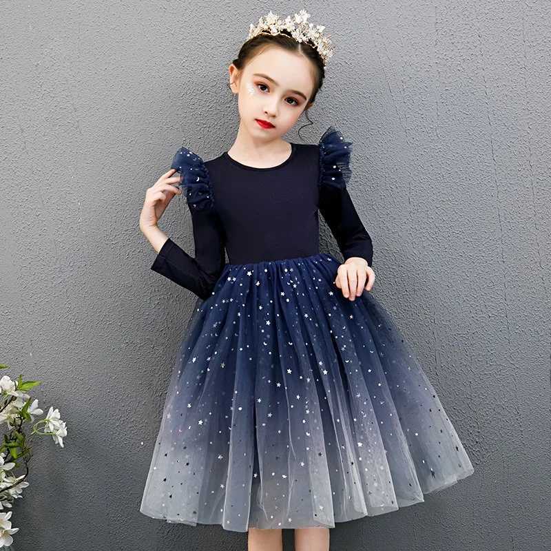 New Blue Princess Dress Baby Girls Dress Spring Autumn Kids Clothes Dress Par Long-sleeved For Children Dress Rainbow 3-10TXJ241206