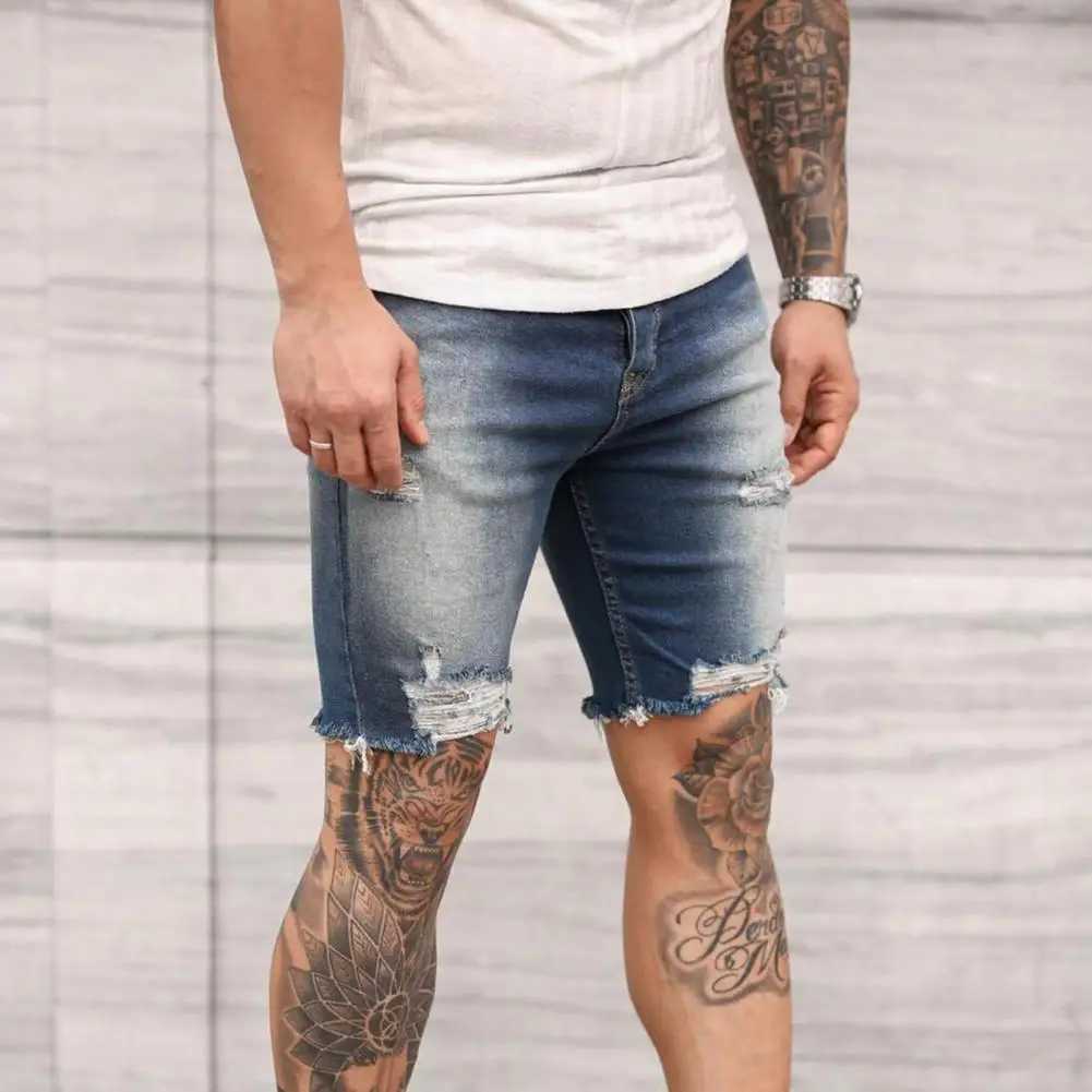 Special Shorts Summer Clothes Frayed Men Jean Shorts Attractive Knee-length Short Pants for SchoolXJ241206