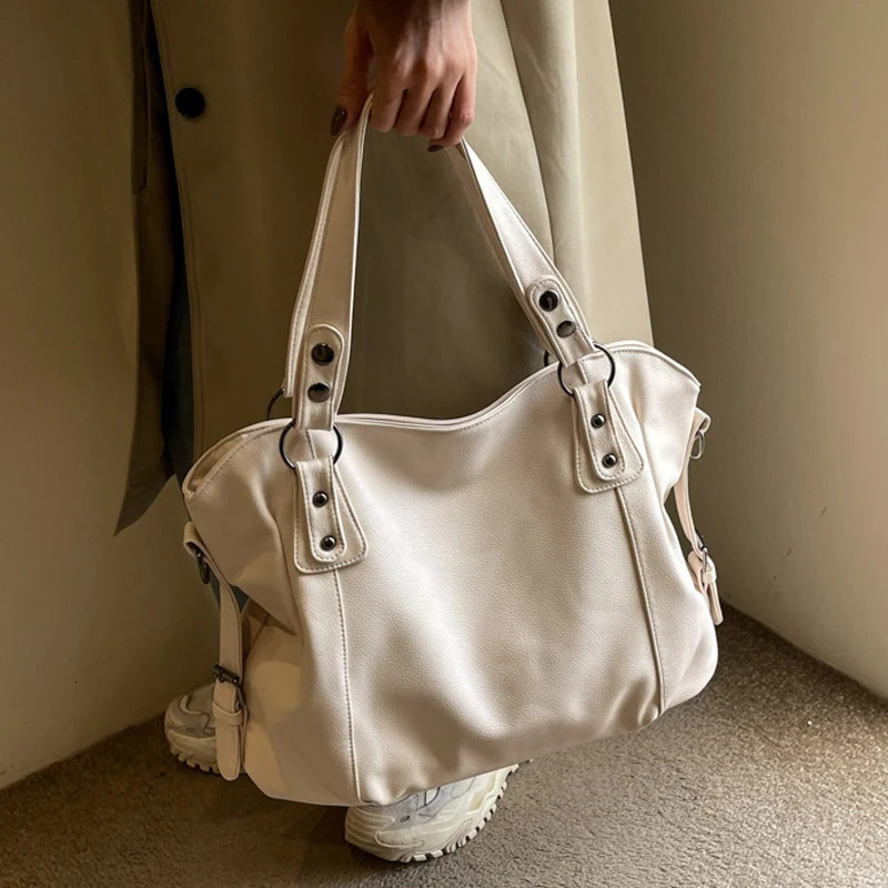 Ladies Large Capacity Handbag Pu Leather Womens Retro Tote Bag Korean Fashion Shoulder Bag Winter White Zipper Handbag 241206