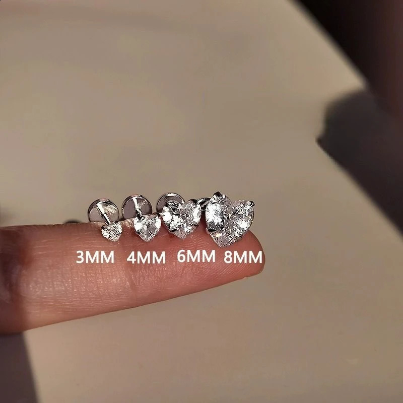 Heart shaped ear bone Nai 0.3 carats -2 carats short rod 4-8mm steel flat bottom earrings Japanese Korean style 241205