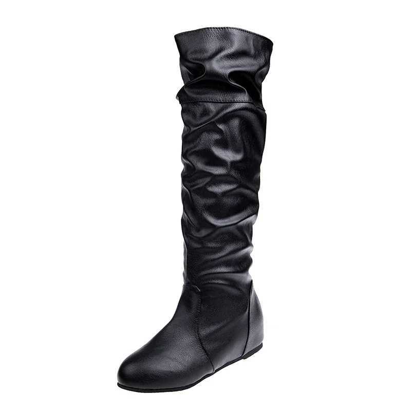 High Quality Autumn New Warm Thick High Heels Fi Plus Size Concave Toe Wrinkle Flat Knee High Knight Boots T241206