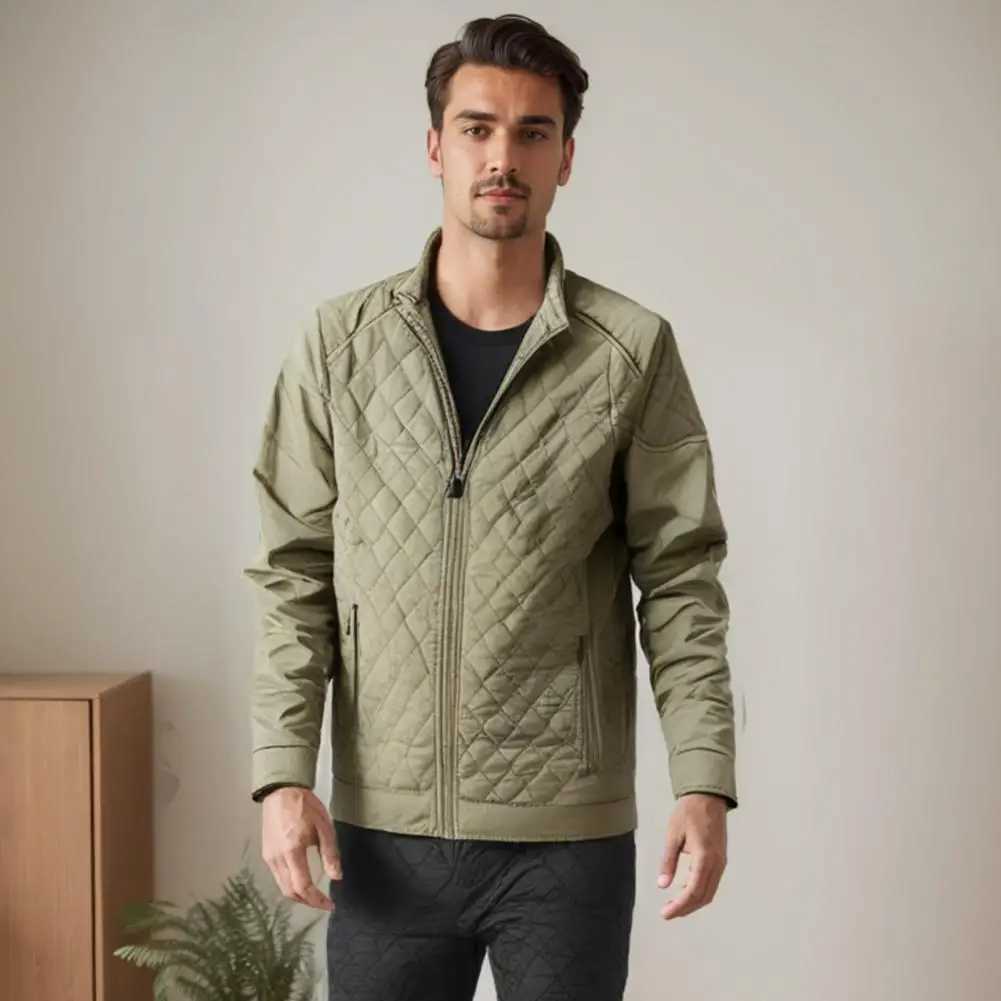 Men Stand-up Collar Coat Mens Quilted Stand Collar Cotton Coat with Zipper Pockets Windproof Outwear Jacket Coat for WinterXJ241206