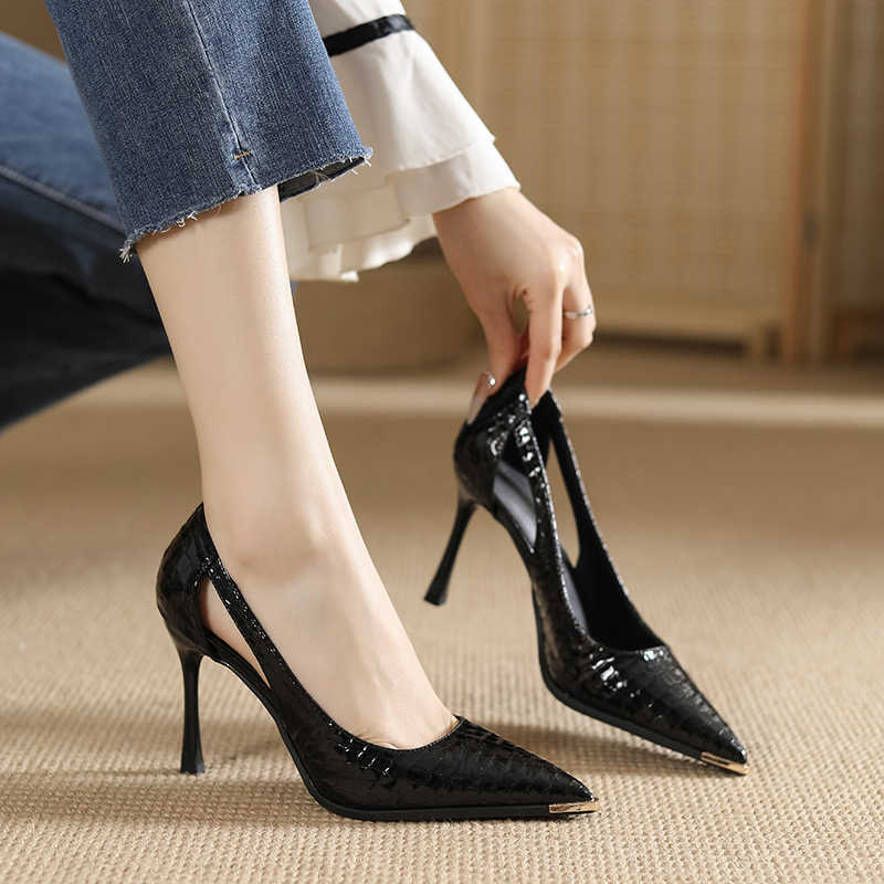 Stone Patterned Patent Leather Toe High Heeled Shoes Female Hollow Out Sexy Solid Color Commuting Work Heels Metal Pointed Toe Anti Kick