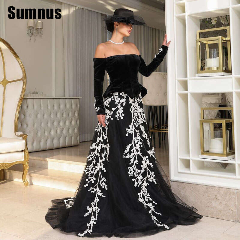 Sumnus Black A-e Velour Prom Dresses Elegant Off Shoulder Evening Dress or Length Backless Applique Formal Gown Customized