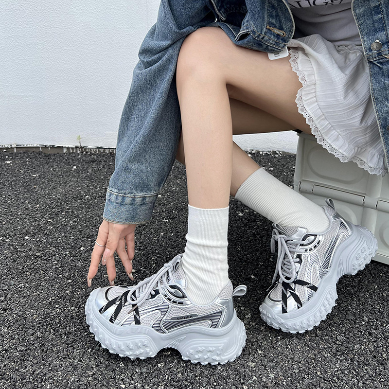 Shoes Female Outdoor Spring Summer Thick Bottom Sneakers Mesh Designer Shoes Silver White Casual Shoes Size 35-40