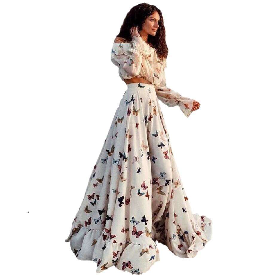 European and American internet celebrity butterfly print two-piece set Bohemian long skirt beach dress 2024 new casual versatile fashion clothing