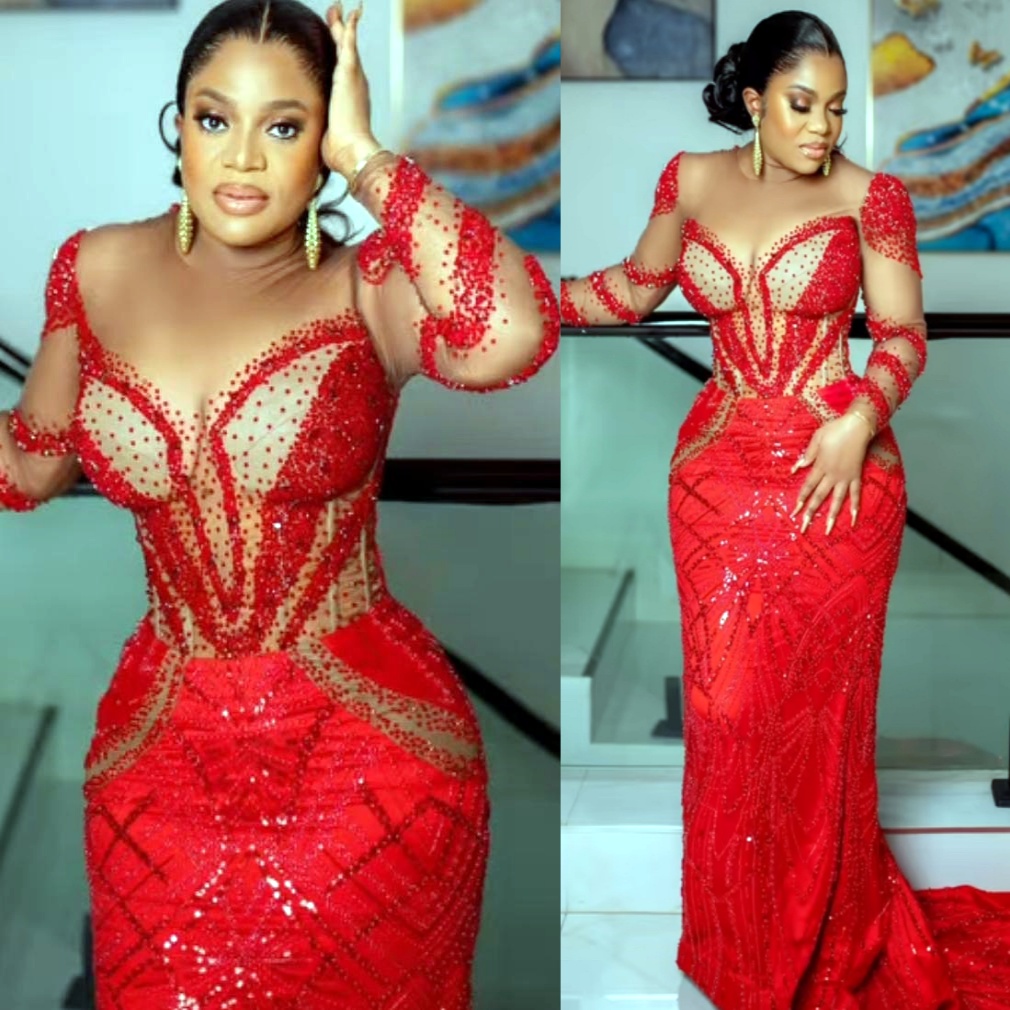 Red Illusion Mermaid Prom Dresses 2025 Beaded Sequined Full Sleeves Evening Formal Party Second Birthday Engagement Gowns Plus Size Dress For Special 