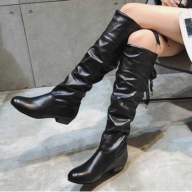 High Quality Warm 20 spring knee high boots black and white high boots pleated low boots casual leather Fem Lg shoes T241206