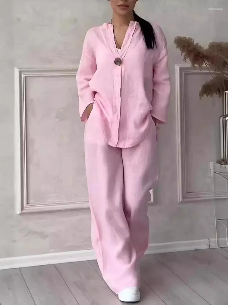 Women's Two Piece Pants Cotton And Linen Suit Casual Solid Color Pullover 2-piece Set White Pink