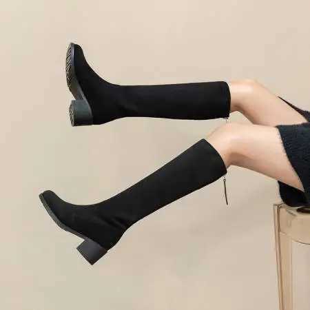 High Quality Streh Wens Winter Thigh High Boots Suede Knee High Boot Black Casual Low Boots Warm Shoes Black Ultra Thin Lg Boots Fem T241206