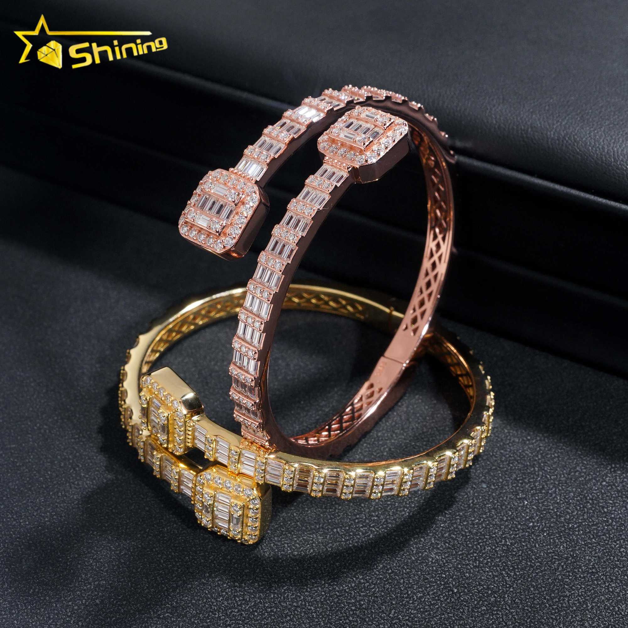 Factory Price Pass Diamond Tester Hip Hop Style 5MM Iced Out Baguette Diamond Square Clasp 925 Silver Moissanite Bangle Bracelet