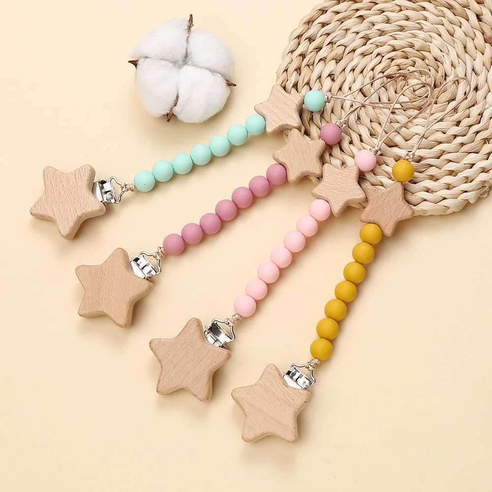 Pacifier Holders Clips# New Wooden Pentagram Beech Clip Baby Pacifier Chain Silicone Beads Dummy Nipple Holder Guard Teether Pendant Newborn Toys Gift