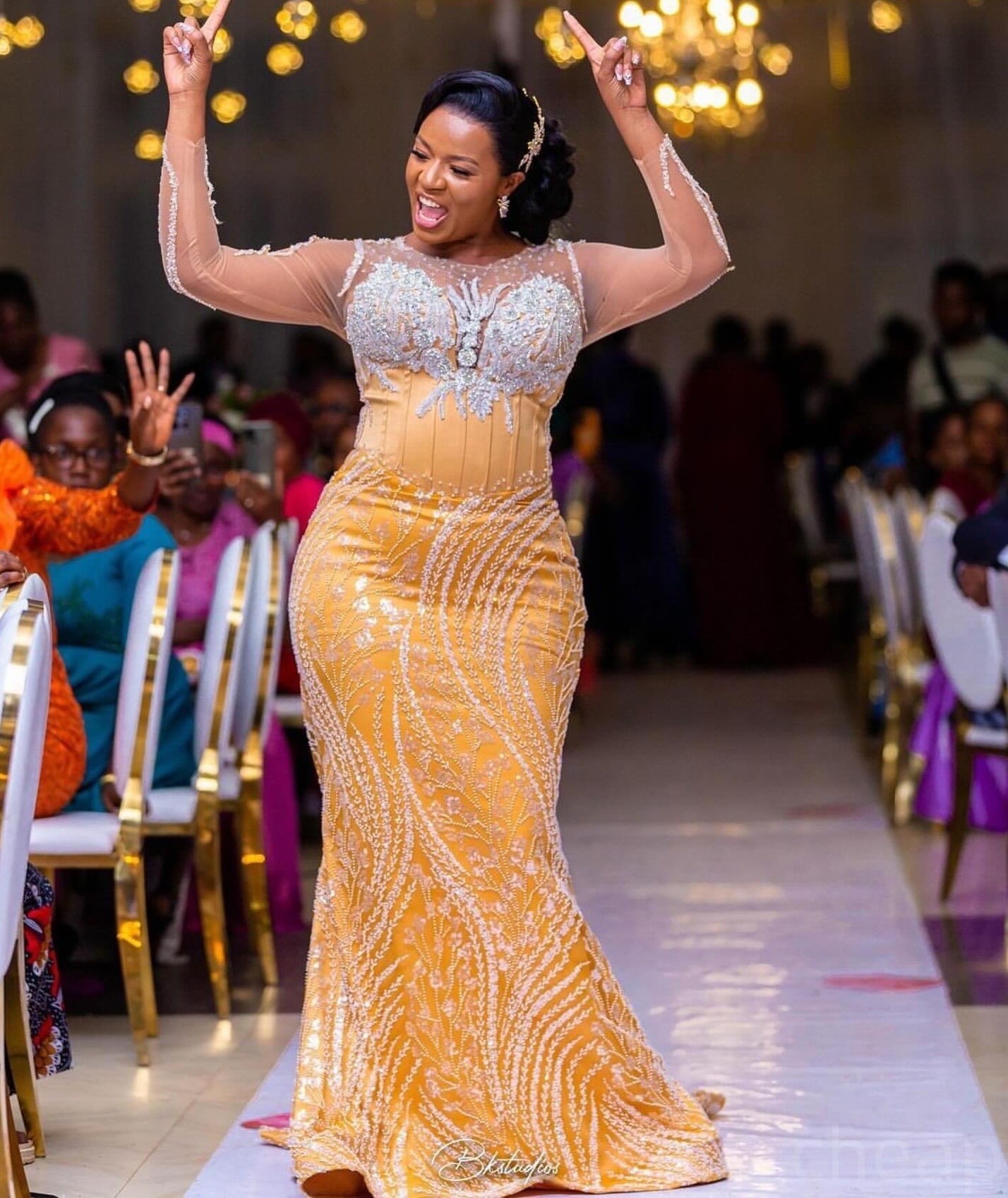 Yellow Mermaid Prom Dresses 2025 Lace Beaded Rhinestones Full Sleeves Evening Formal Party Second Birthday Engagement Gowns Plus Size Dress For Specia