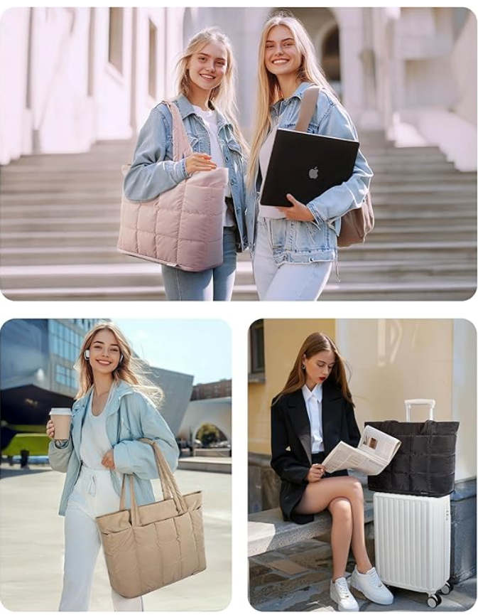 Expandable Tote Bag Puffer Small tote bag with Zipper, Travel Bags Casual Handbags Nurse Bag