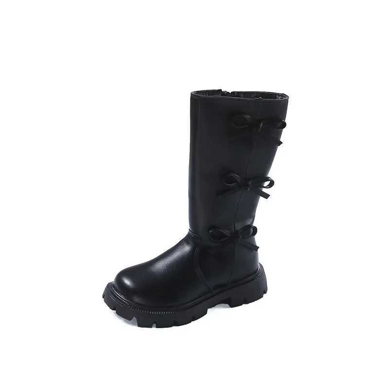 Girls Mid-Calf Boots Solid Color Versatile Children Long Boots with Bows 2024 Autumn New Fashion Princess Boots with Side ZipperXJ241206