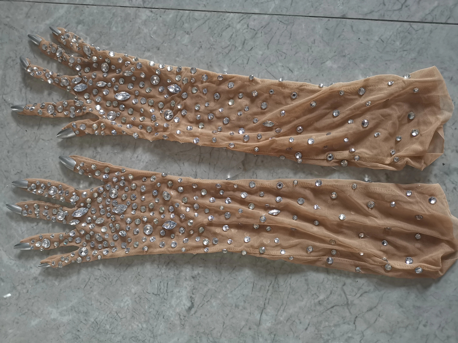 Stretch Rhinestone Gloves Women Sparkling Crystal Mesh Long Perspective Gloves Dancer Singer Stage Wear Accessories 250408