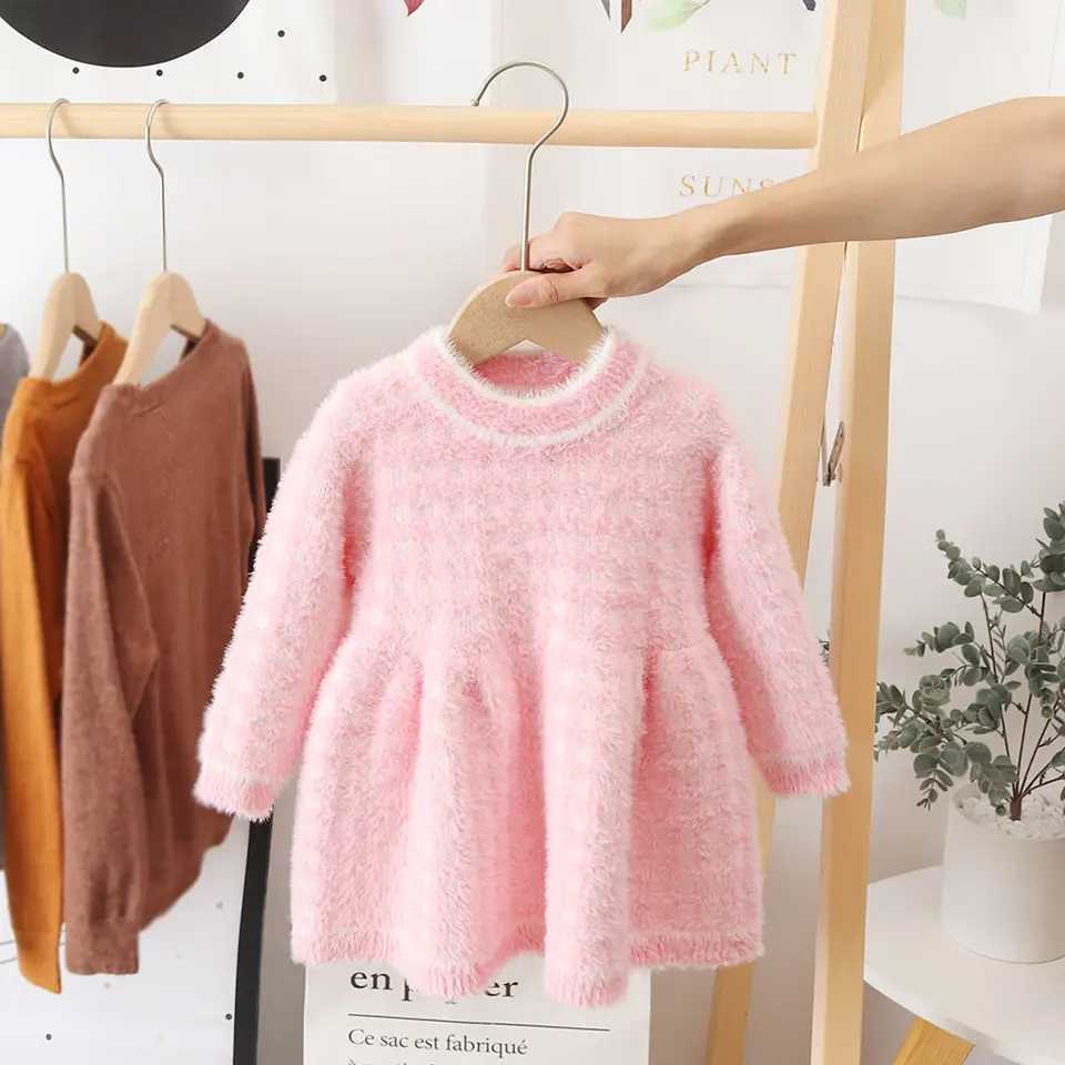 Girls Winter Imitation Mink Fleece Sweater Princess Dress Baby Knit Sweater Baby Winter Foreign Sle Hedging DressXJ241206