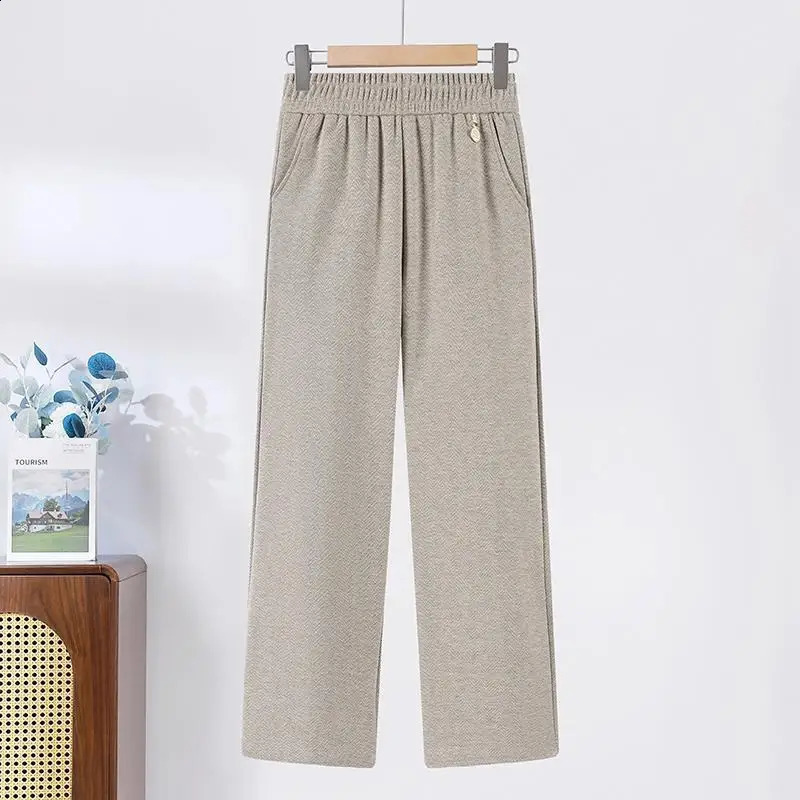 Autumn and Winter Solid Color Fashion Elastic Waist Wide Leg Trouser Womens High Street Casual Loose Pocket Patch Work Thick Pants 241202