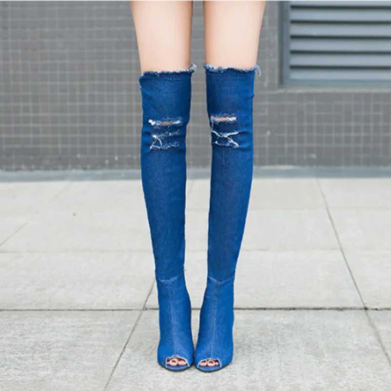 High Quality Botas Mujer New Denim High Heels Spring/Summer Thin Elastic Cool Boots Nightclub Fish Mouth Knee Boots Warm Boots T241206