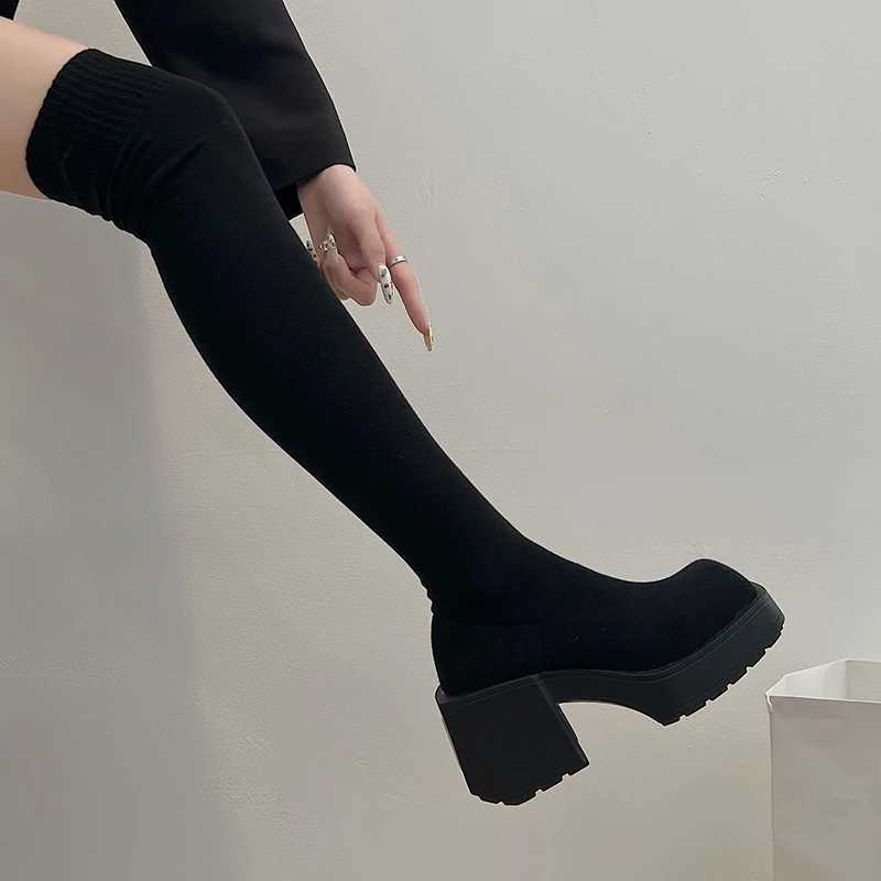High Quality Autumn Winter Warm Platform Knee Boots Womens Long Sleeve Knitted Socks Lg Boots Sliding Block Thick Robot Shoe Ring T241206