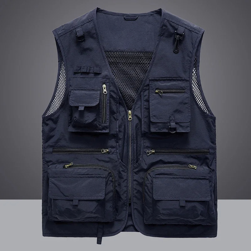 Summer Men Unloading Vest Casual Men's Photographer Waistcoat Mesh Work Sleeveless Jacket Tools Pocket Vest 6XL Tops Men's Outerwear Coat