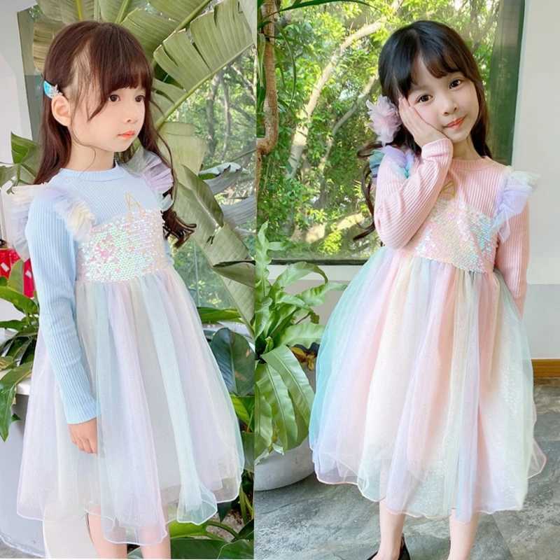 Ruffle Par Dress Girls Long Sleeve Cotton Ruffle Par Princess Dress Girl Sequin Rainbow Mesh DressXJ241206
