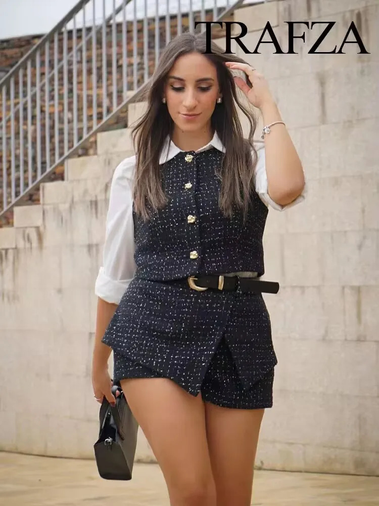 TRAFZA Womens Belt Short Sleeve Set 2piece 2024 Coarse Felt Vest Coat Casual 241206