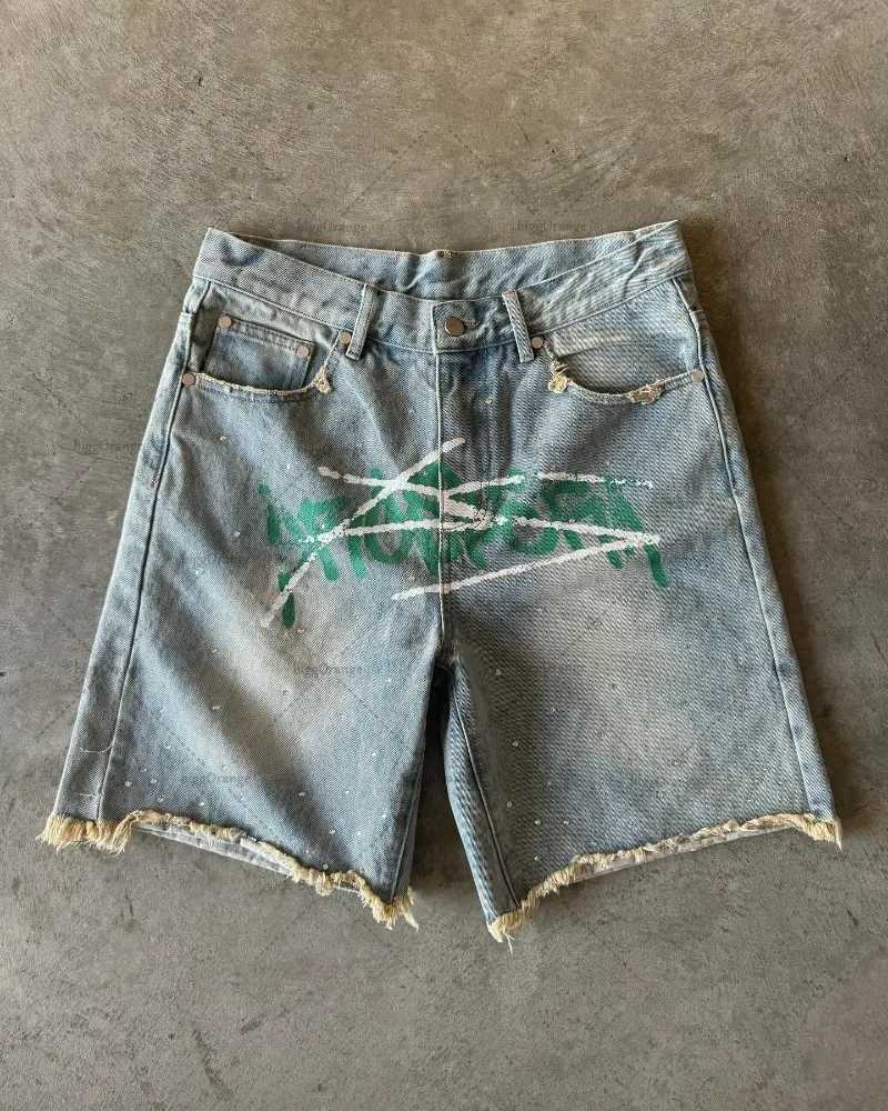 Punk Gothic Letter Print Casual Straight Pants Men Retro Personalized Washed Denim Shorts High Street Trend Streetwear WomenXJ241206