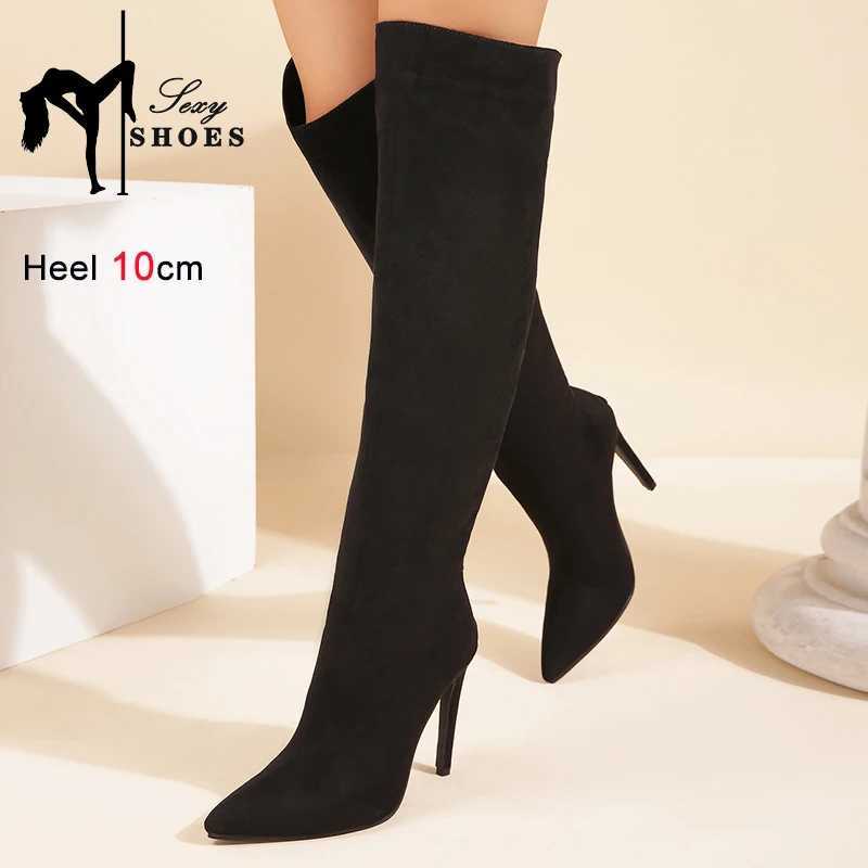 High Quality Knee High Pointed Toe Wen Boots Autumn Winter Suede High H Size Grey Model Shoe Back Zipper Lg Tube Boots T241206