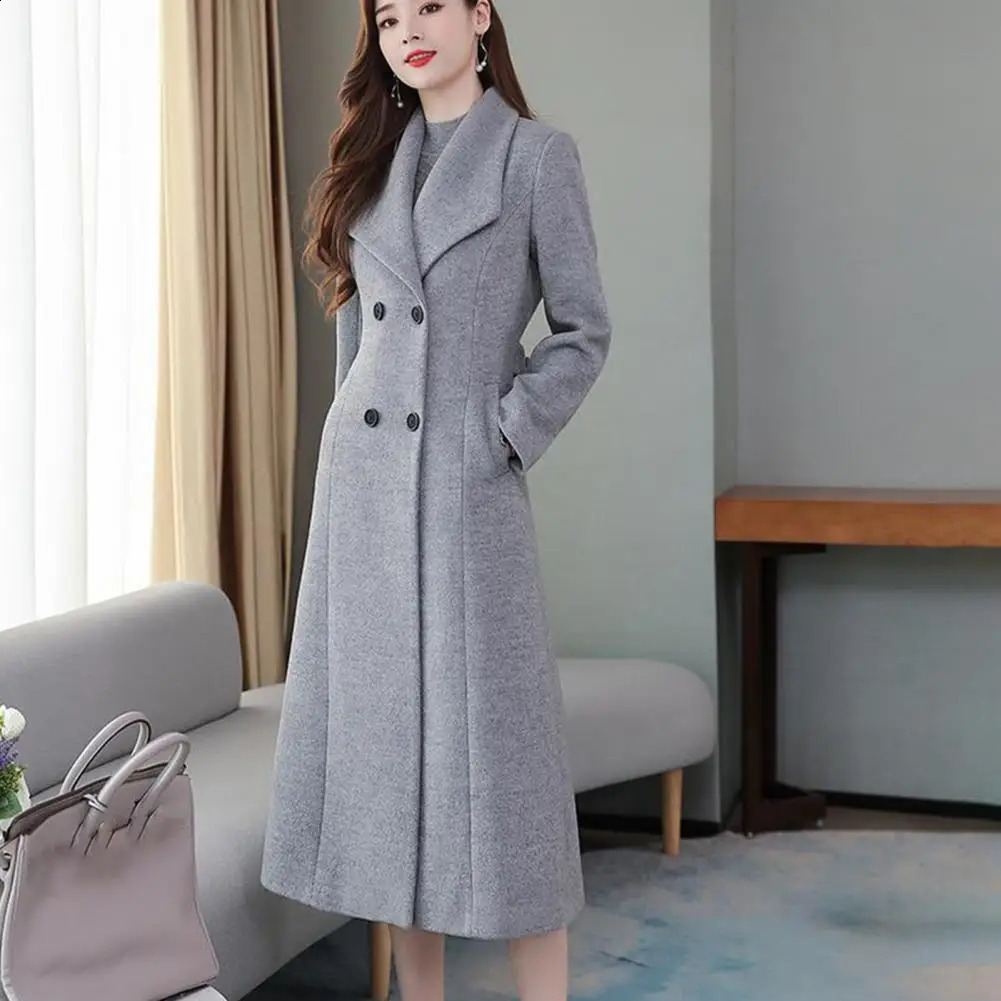 British Style Women Woolen Coat Elagant Suit Collar Double Breasted Waist Tight Long Cardigan MidCalf Length 241202