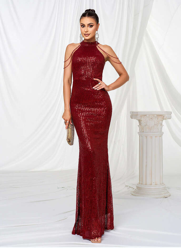 Autumn Product Fashionable Hanging Neck Sexy Crystal Chain Hip Wrapping Glitter European American Mid Waist Evening Dress 2024 New Style Unique and El