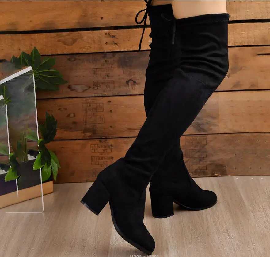 High Quality New thick sock boots knee high webbing autumn short and chubby H black suede leather elegant and sexy high heels large size T241206