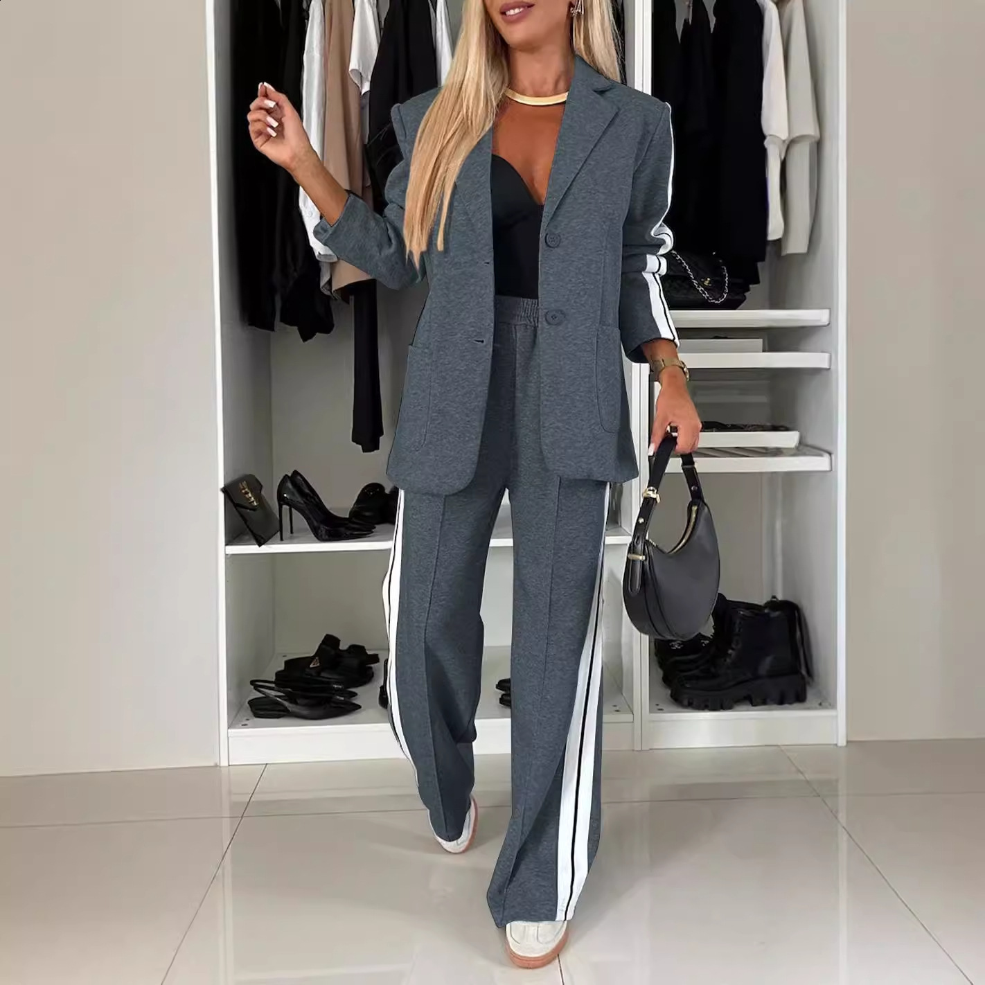 Freeacy Womens Fashion Two-piece Suit Blazer Coat High Waist Suit Pants Trousers Urban Female Casual Side-striped Suits 240815