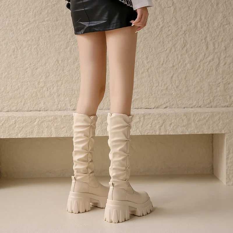 High Quality Warm motorcycle Lg boots autumn and winter warm knee high boots leather boots womens thick soled platform Botas MUJI high H T241206