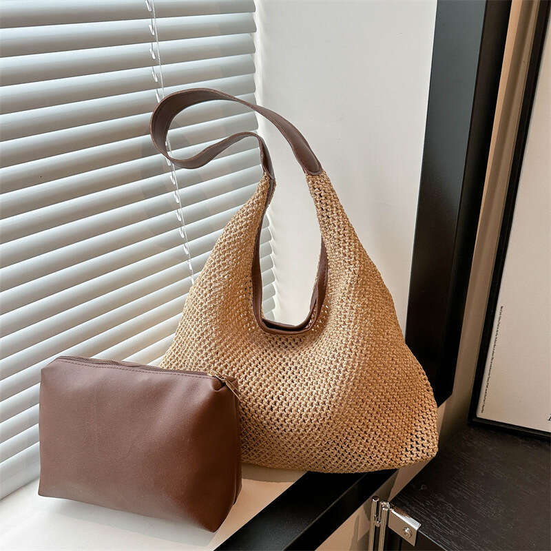 Vintage Tote Straw Woven Large Capacity Underarm Single Shoulder Women's Vacation Style Beach Mother Bag, Fashionable Quality, Classic B2