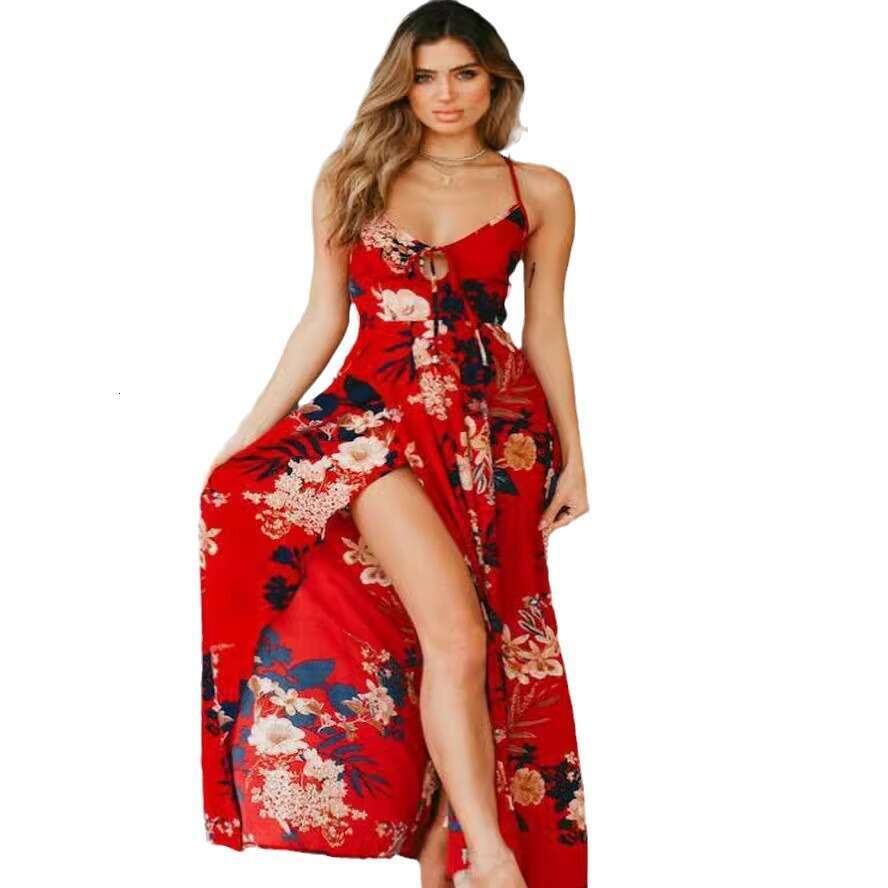 Spring Summer European American Dress Printed Large Swing Split Slim Strap Low cut Long Skirt 2024 New Style Unique and Elegant Clothing