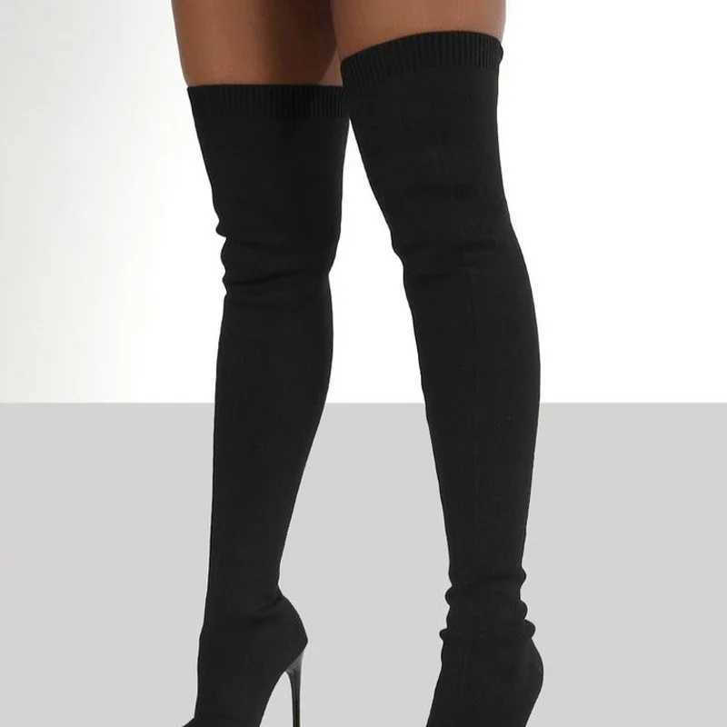 High Quality Wen Autumn Over The Knee Boots Stiletto High Heels Elastic Knitted Tube Shoes Beige Black Sexy Bota Fnina 20 T241206