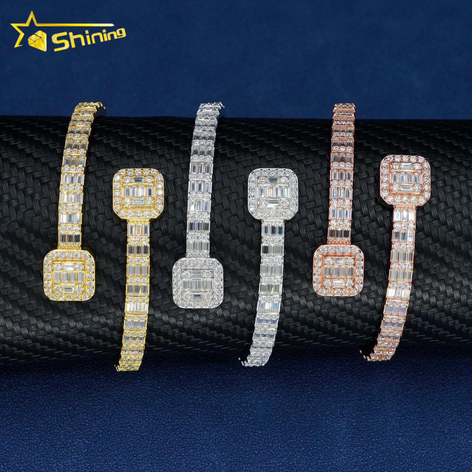 Factory Price Pass Diamond Tester Hip Hop Style 5MM Iced Out Baguette Diamond Square Clasp 925 Silver Moissanite Bangle Bracelet