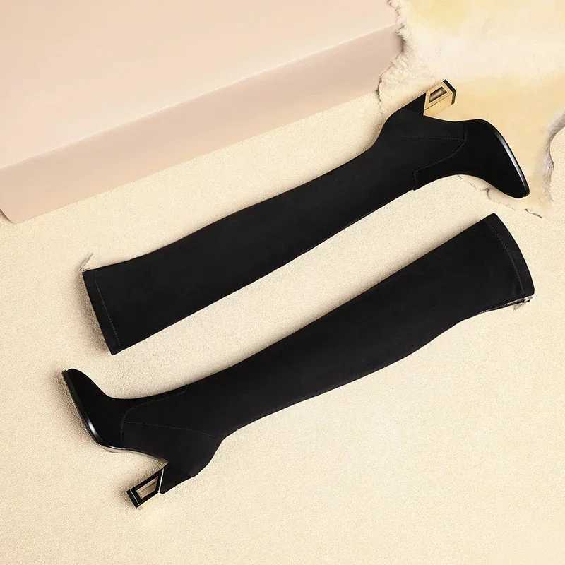 High Quality Sing Kid Suede Over The Knee Sock Boots Hot S Square High Heels Suitable for Pointed Toe High Heels T241206