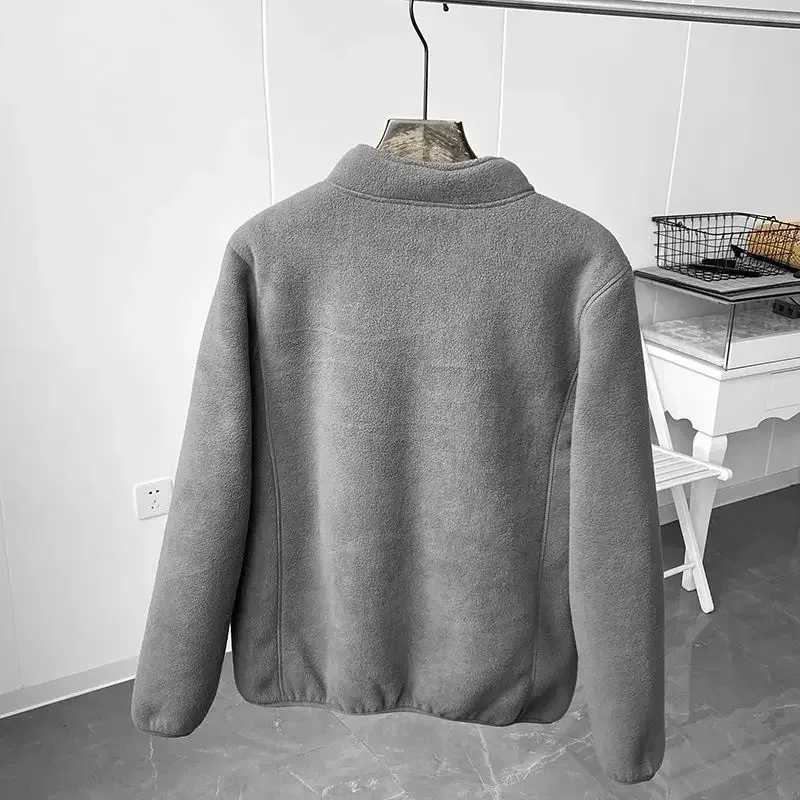 Winter Fleece Jacket Solid Color Sherpa Casual Coat Thick Warm Stand Collar Zip Up Outdoor Windbreak Jacket Soft ComfortableXJ241206