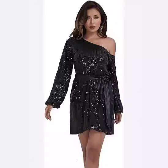 Spring European and American Women's Fashion Stand up Collar Solid Color Glitter Short Casual Versatile Dress 2024 New Style Elegant Clothing