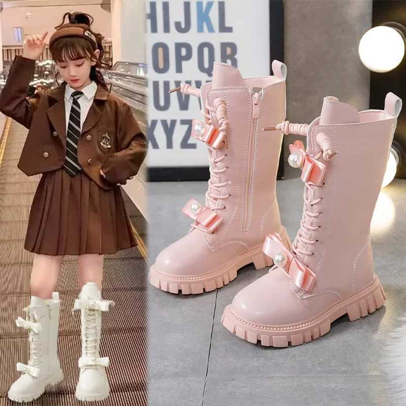 Zapatos Nia 2024 Winter Boot Fashion Children High Boots Girl Long Boots Lace Up Princess Boots Leather Boot Kid Shoes BotasXJ241206